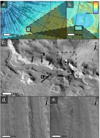 Figure 8. HiRISE image of GLF #498, located in Protonilus Mensae showing background MOLA elevation images (a and b), and an expansion of GLF #498 (c), along with two  ex-amples of surface boulder exposures (d and e)