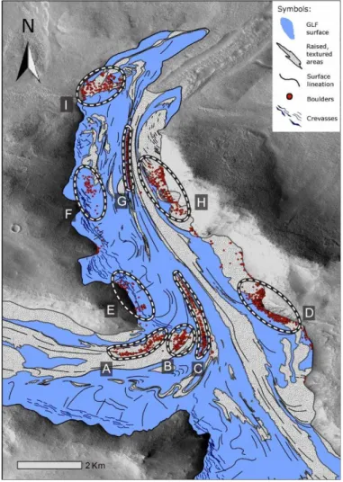 Figure 9. Geomorphological map and interpretation of bounder clusters A–I located on the surface of GLF #498, illustrated in Fig