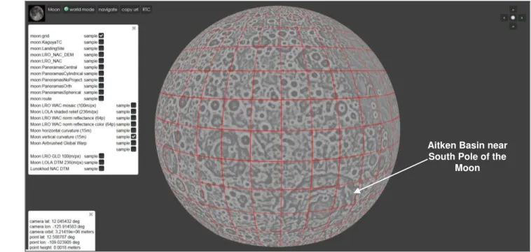Figure 3. User interface of Virtual morphometric globe of the Moon produced using LOLA DEM (Smith et al., 2010) and  demonstrated the values of vertical curvature: minimum -10 (black) and maximum +10 (white)