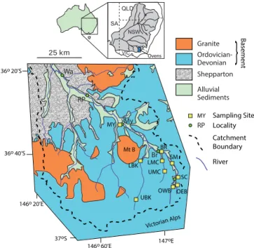 Figure 1. Summary geological and location map of the Ovens catchment, data from Energy and Earth Resources (2015)