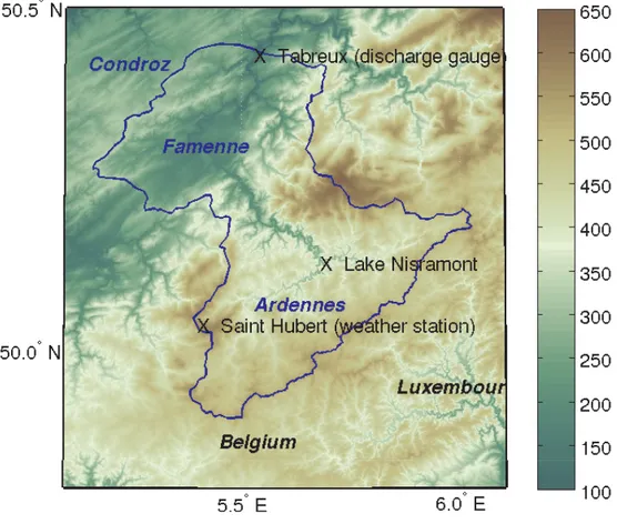 Fig. 1. Digital elevation model of the Ourthe catchment. Also shown are the discharge mea- mea-suring gauge at Tabreux, the weather station in St