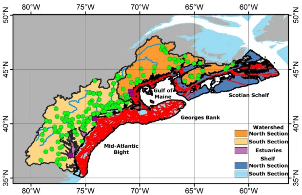 Figure 1. Geographic limits of the study area with the location of the riverine (GLORICH database, in green; Lauerwald et al., 2013) and continental shelf waters data used for our calculations (SOCAT 2.0 database, in red; Bakker et al., 2014)