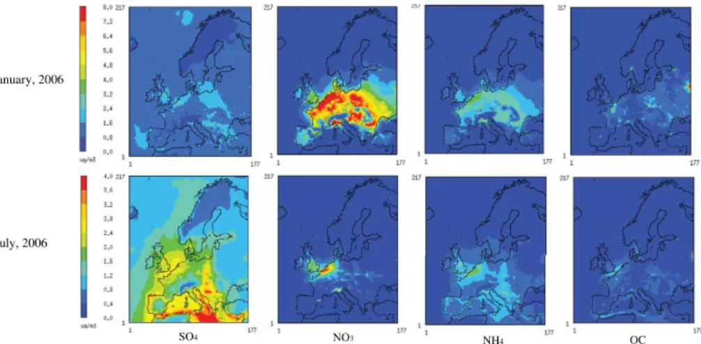 Fig. 4. Simulated PM 2.5 component daily average concentrations for January and July, 2006.