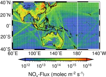 Fig. 1. NO x emissions inventory as used in the model simulation. Estimates are taken from EDGAR3.2FT2000 over land and from Eyring et al