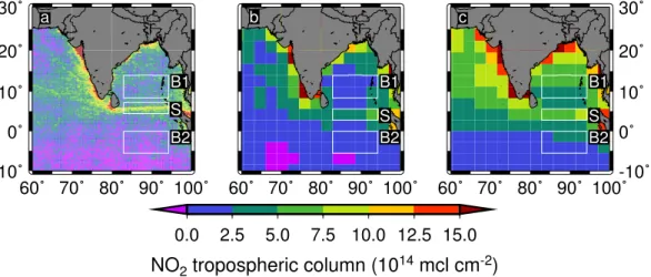 Fig. 2. February mean tropospheric NO 2 columns: (a) derived from SCIAMACHY measure- measure-ments from 2003 to 2008 using the DOAS technique and the tropospheric excess method (TEM)