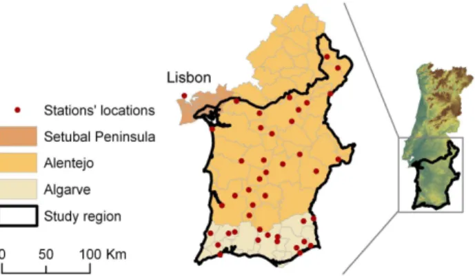 Fig. 1. Study region in the south of Portugal and meteorological stations’ locations.