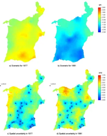 Fig. 2. Scenarios for the 12-month SPI and their corresponding spa- spa-tial uncertainty measured by the standard-deviation in 1977 (left), and 1981 (right).