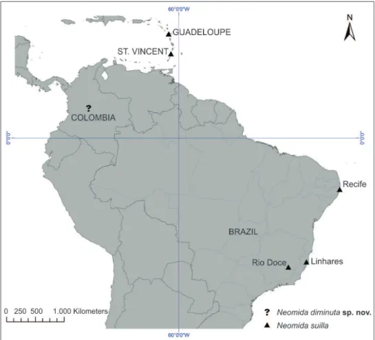 Figure 13. Distribution map for Neomida diminuta sp. n., represented by an interrogation symbol (?),  without speciic locality, and Neomida suilla, represented by a triangle (▲).