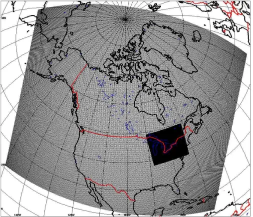 Fig. 1. GEM 15 km (core portion of global-variable grid shown) and 2.5 km domains.