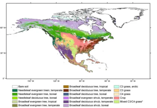 Fig. 1. North America PFT map. ∗ : the area with legend “mixed C3/C4 grass” means the fraction of either C3 or C4 grass in each pixel is less than 1.