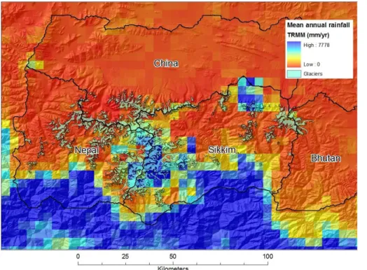 Figure 3. Spatial patterns in TRMM annual precipitation rate derived from the 3B43 dataset for spatial domain 1