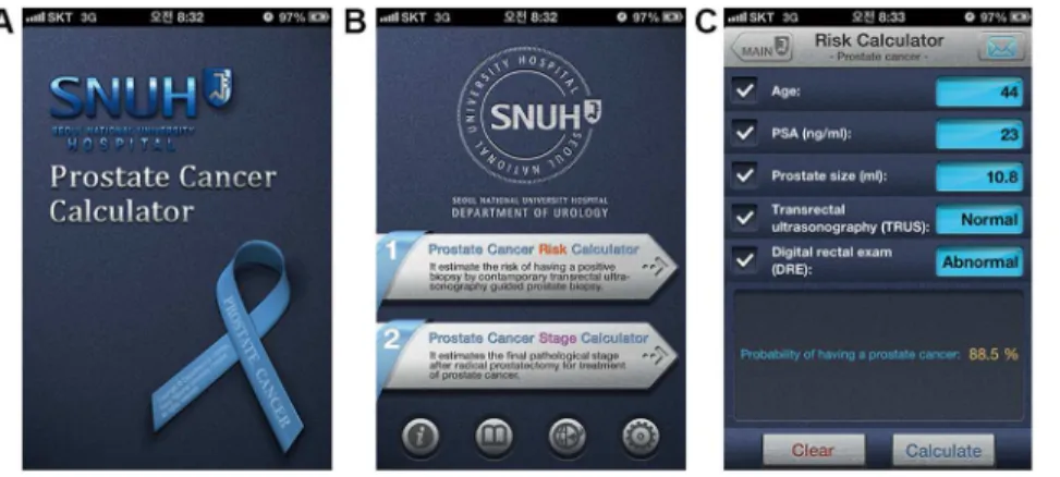 Fig. 1. Seoul National University prostate cancer calculator (Version 1.1). (A) Main entry page of the calculator, (B) Selection page for