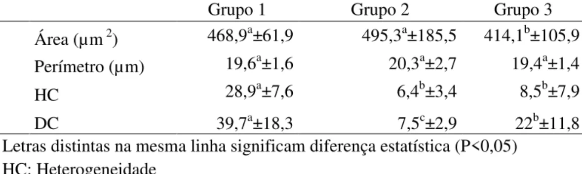 Tabela  2:  Média  e  desvio  padrão  das  características  avaliadas  na  análise  computacional da cabeça dos espermatozóides de perus com 37 semanas (Grupo  1), 42 semanas (Grupo 2) e 49 semanas (Grupo 3) alimentados com ração P17  (Média ± desvio padrã