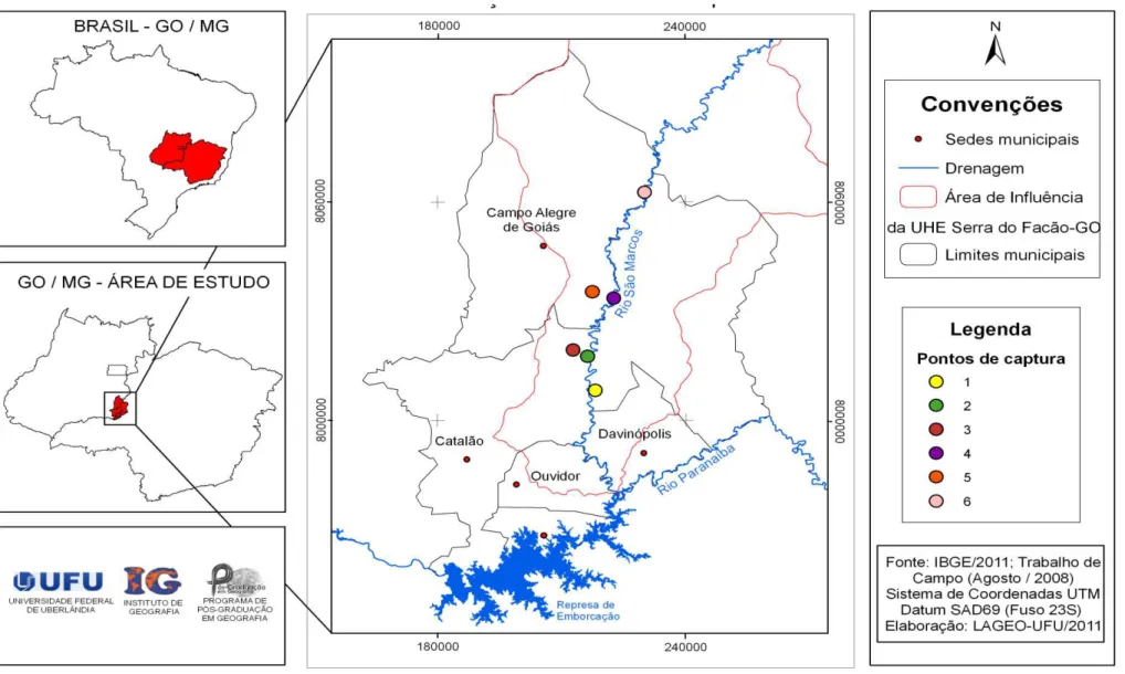 Figura 7:Mapa de localização dos seis pontos de captura de flebotomíneos na área de influência da UHE Serra do Facão, GO, Brasil.