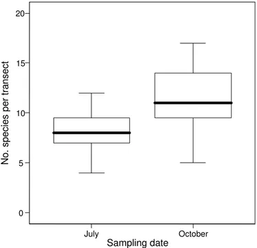 Fig. 4. Box-plot showing the distribution of the number of species per transect in the two sampling dates, July and October (at the beginning and end of the wet season respectively).
