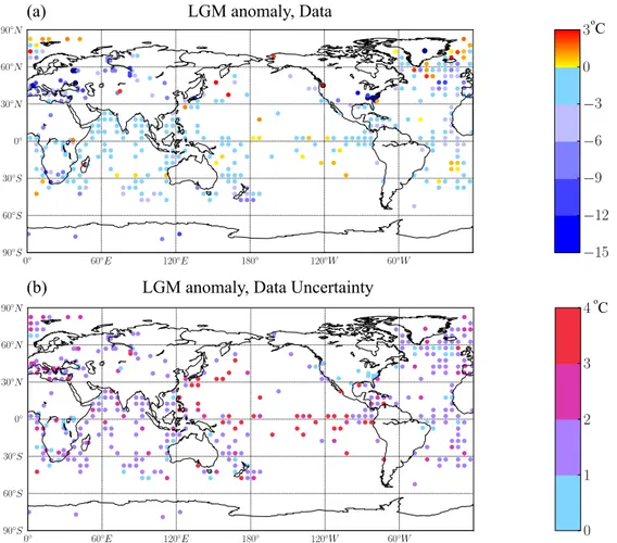 Fig. 1. (a) LGM temperature anomaly for the proxy reconstructions described in Sect. 2.1