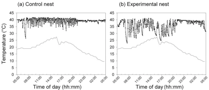 Figure 1. Daily temperature data. Exemplars of one full day (24 hours) of temperature data in (a) control and (b) experimental nests, beginning just before first light
