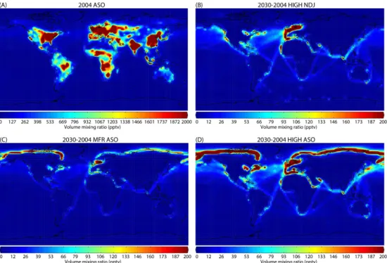 Fig. 1. NO 2 in the lowest model layer close to the surface (pptv). (A) Average 2004 for the months August-September-October (ASO).