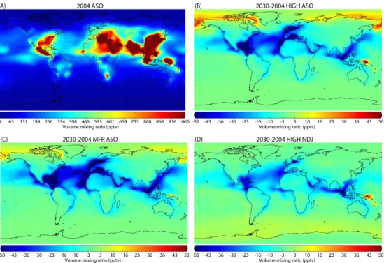Fig. 3. Sulfate in the lowest model layer close to the surface (pptv). (A) Average 2004 for the months August-September-October (ASO)