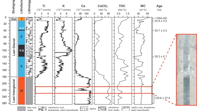 Fig. 2. Rough stratigraphic framework (Hol = Holocene), lithofacies, lithology, Ti-, K-, Ca-intensities, CaCO 3 , total organic carbon (TOC) dry weight percentages, water content (WC), and age control points of core Co1200