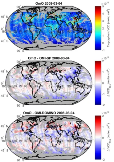Figure 11. Maps of annual average (top) OmO tropospheric VCDs and differences between tropospheric VCDs for (top-middle) OmO minus OMI-SP, (bottom-middle) OmO minus OMI-DOMINO, and (bottom) OMI-SP minus OMI-DOMINO