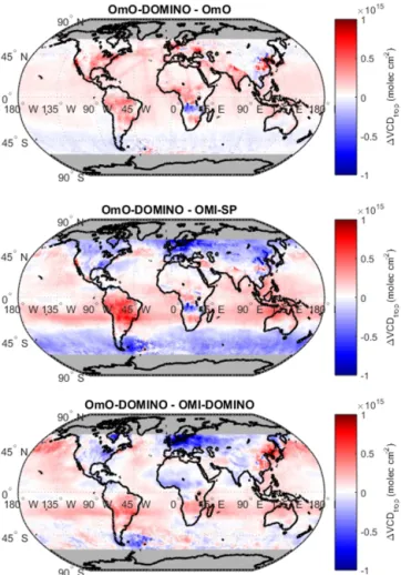 Figure 13. Maps of differences between OmO-DOMINO and (top) OmO, (middle) OMI-SP, and (bottom) OMI-DOMINO annual  av-erage tropospheric VCDs