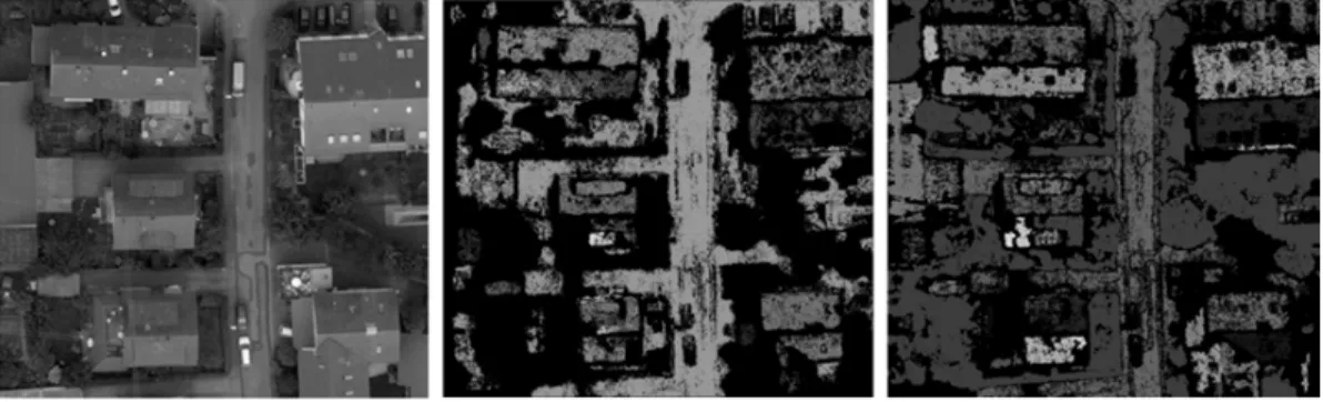 Figure 8.  Base image (left), Segmentation of surface normals in object space using first algorithm (middle)  and image space (right), θ < 5 , r<0.1 m, 50 nearest neighbours 