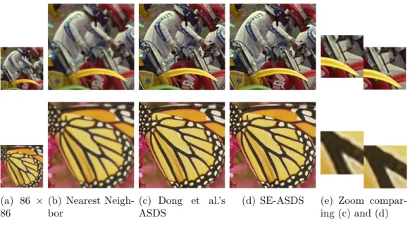 Figure 3.5 – Comparison of super-resolution results ( × 3). (a) LR image;(b) Nearest-neighbor; (c) Dong et al.’s ASDS results: images are still blurry and edges are not sharp