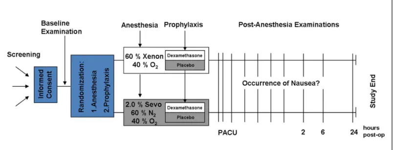 Fig 1. Study procedure. A simplified sketch of the study procedure is shown in Fig 1. After obtaining written informed consent and baseline examination, patients were first randomized to receive xenon or sevoflurane anesthesia for their individually schedu