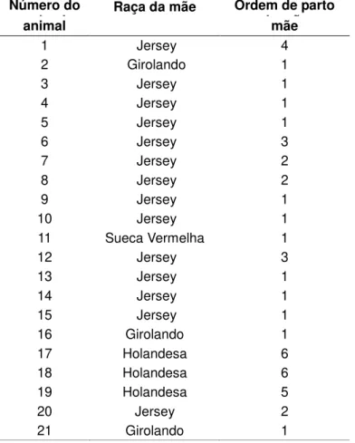Tabela 2. Raças e ordens de parto das vacas mães   dos bezerros utilizados no experimento 