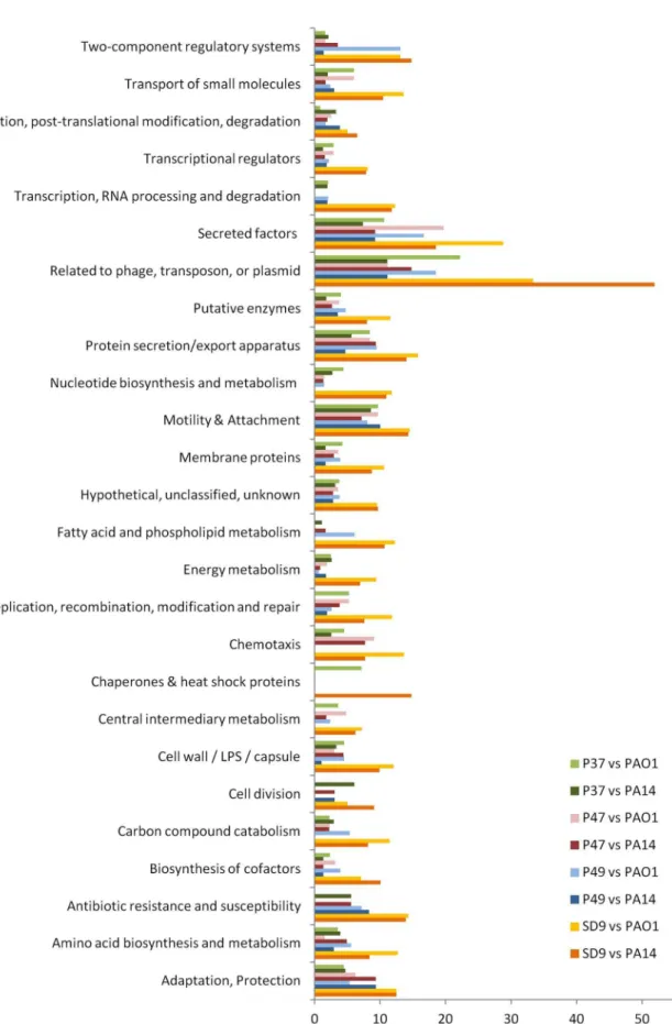 Figure 3. PseudoCAP functional classification of the exclusive alleles of isolates P37, P47, P49 and SD9