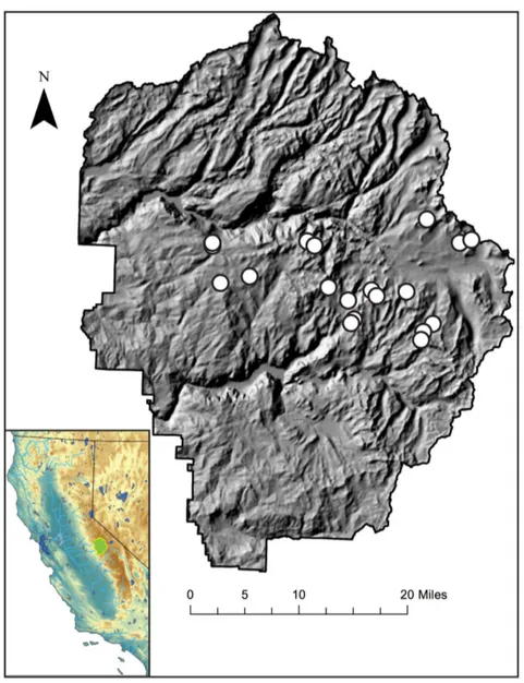 Figure 1. Sampling locations (white circles) in Yosemite National Park displayed on 10 m resolution elevation data from the United States Geological Survey National Elevation Dataset (http://nationalmap.gov/)