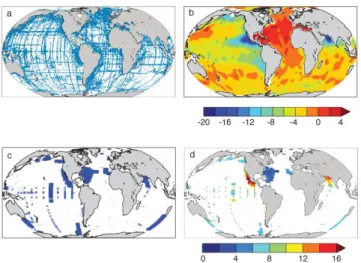 Fig. 1. (a) Locations of N ∗ data (all depths), (b) objectively mapped N ∗ (µM) for the depth interval 200–550 m, (c) locations of δ 15 NO 3 data (all depths), and (d) δ 15 NO 3 concentrations (‰) averaged over the depth interval 200–550 m.