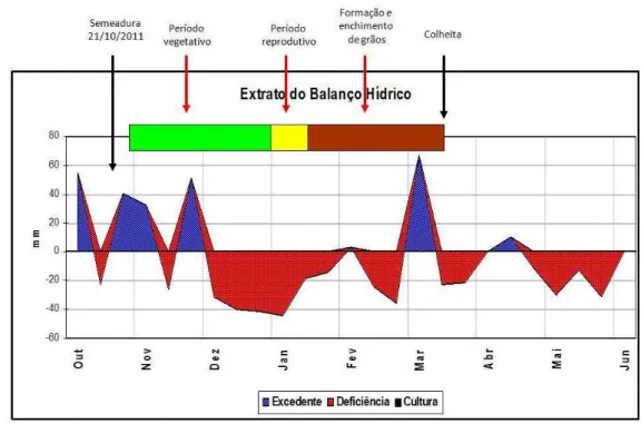 Figura 2: Gráfico do balanço hídrico, com os momentos com descrição temporal do desenvolvimento da  cultura do milho