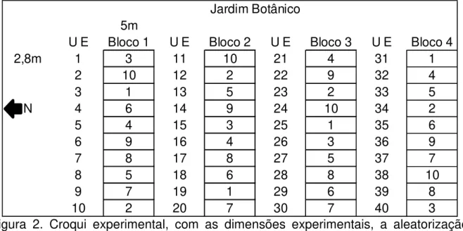 Figura  2.  Croqui  experimental,  com  as  dimensões  experimentais,  a  aleatorização  dos tratamentos (T) e as unidades experimentais (EU)