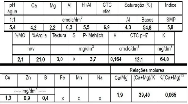 Tabela 1: Laudo de análise do solo contendo as características químicas nas  camadas de 0 a 0,20 metros na área da Madame