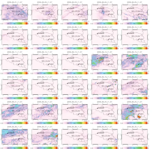 Fig. 5. Location of the measurement sites on a Belgian map with daily noon (11:57 UTC) cloud optical thickness values as retrieved from SEVIRI for the month of June 2006.