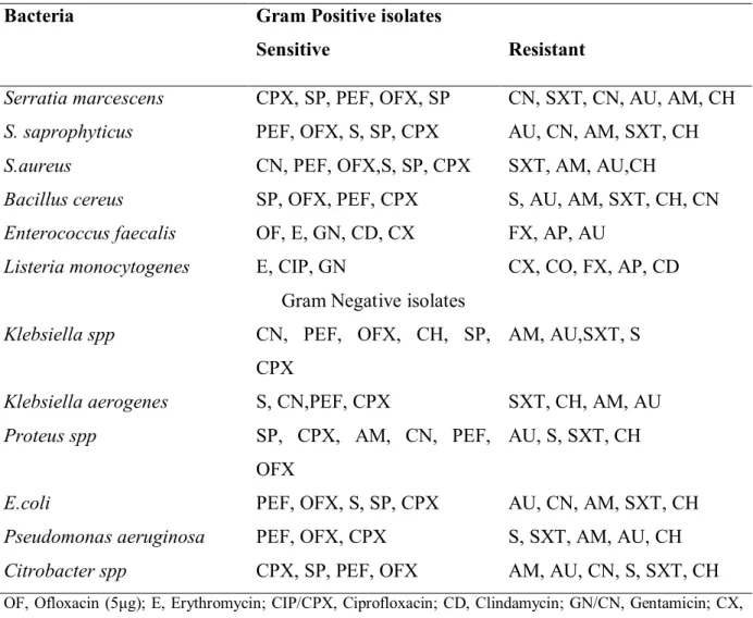 Table  5  Antibiograms  of  pathogenic  bacteria  isolated  from  cockroackes  trapped  at  the  hospital vicinity 