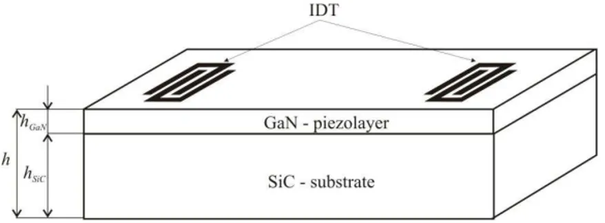 Fig.  1  shows  geometry  of  SAW  sensor  made  of  piezoelectric  GaN  layer  and  SiC  substrate