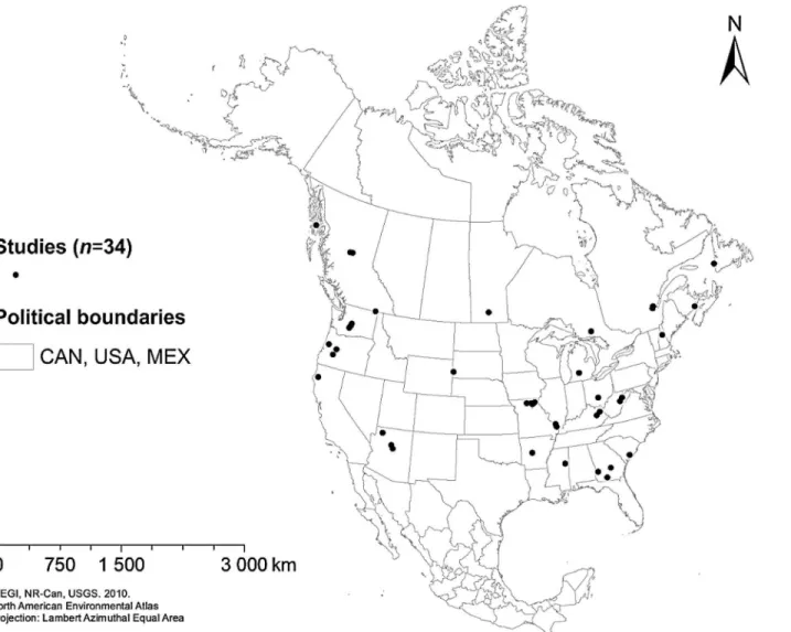 Fig 1. Locations of the 34 studies (66 datasets) that were included in meta-analysis of roost selection by North American bats