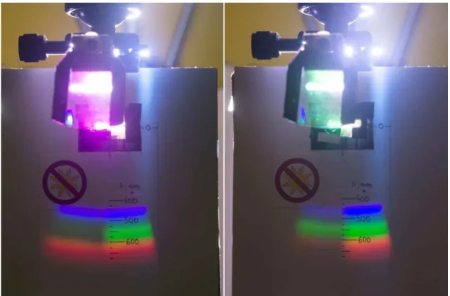 Fig. 10 – Na imagem à esquerda, um filtro lilás sobrepõe-se à metade da fenda, de  modo que o espectro (quase) contínuo da lâmpada de LED aparece à direita, e o espectro da  luz que passou pelo filtro aparece à esquerda