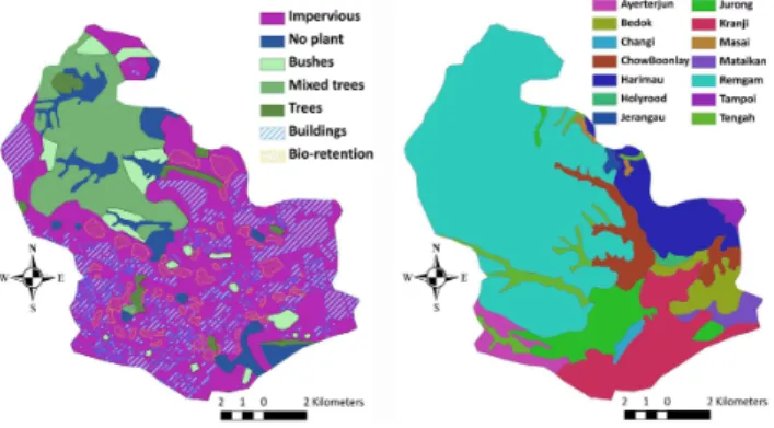 Fig. 3. Land cover (left) and soil distribution (right) of the Marina- Marina-like catchment 740 (Land use: 66 % impervious, including 14 % building and 5 % potential bio-retention area; 9 % 741 no plants;
