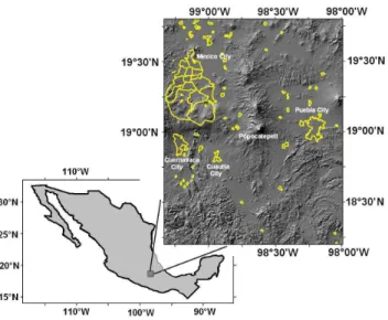 Fig. 1. Locations of Popocat´epetl volcano and major cities and towns. About 20 million people could be potentially affected by tephra fallout produced by a major eruption.