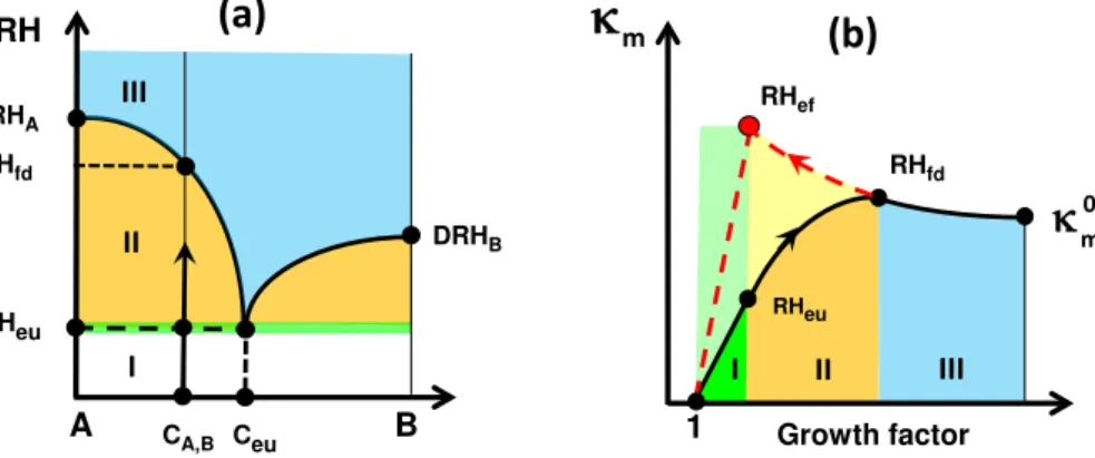Figure 3. An illustrative example of KIM assuming a two component mixture (a, b); (a) phase diagram; (b) the respective variation of the hygroscopicity, κ m , due to water uptake
