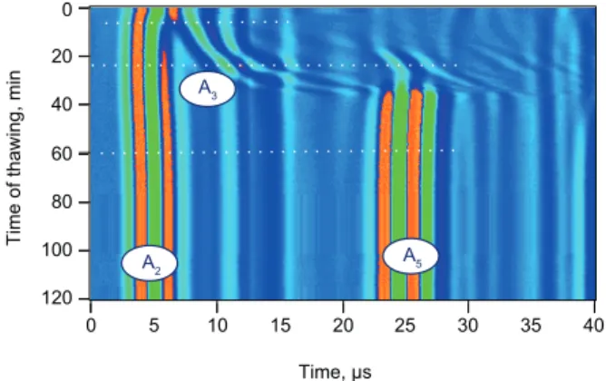 Fig. 13. Evolution of the peak-to-peak voltage of the sig- sig-nal reﬂ ected by a sample of salmon