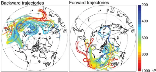 Fig. 10. Ten-day backward and forward trajectories from the FLEXPART model using WRF meteorological fields and starting from the 16 April 2008 plume shown in Fig