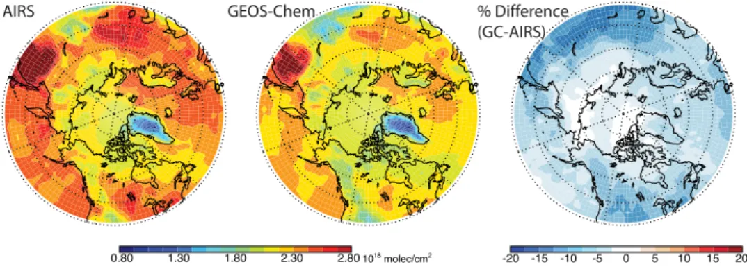 Fig. 6. Mean CO columns during April 2008 observed by the AIRS satellite instrument (version 5) and simulated by GEOS-Chem with optimized sources (and AIRS averaging kernels applied)