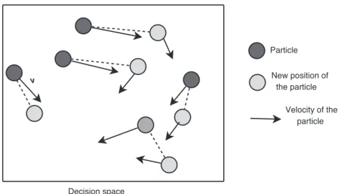 FIGURE 3.33 Particle swarm with their associated positions and velocities. At each iteration, a particle moves from one position to another in the decision space