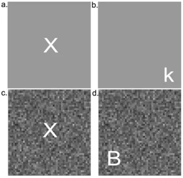 Figure 1. Examples of stimuli used in the four experimental conditions of the letter detection task