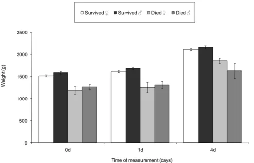 Figure 2. Plot of mean rectal temperatures (±SE) illustrating temperatures at birth, 1 h after birth and 24 h after birth between females (R) and males (=) that survived to weaning (Survived) and those that died before weaning (Died).